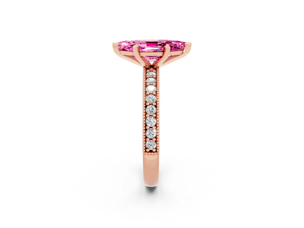 Rose gold Marquise Cut Pink Sapphire Milgrain Pavé Engagement Ring with Four-Prong Setting