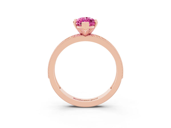Rose gold Marquise Cut Pink Sapphire Milgrain Pavé Engagement Ring with Four-Prong Setting