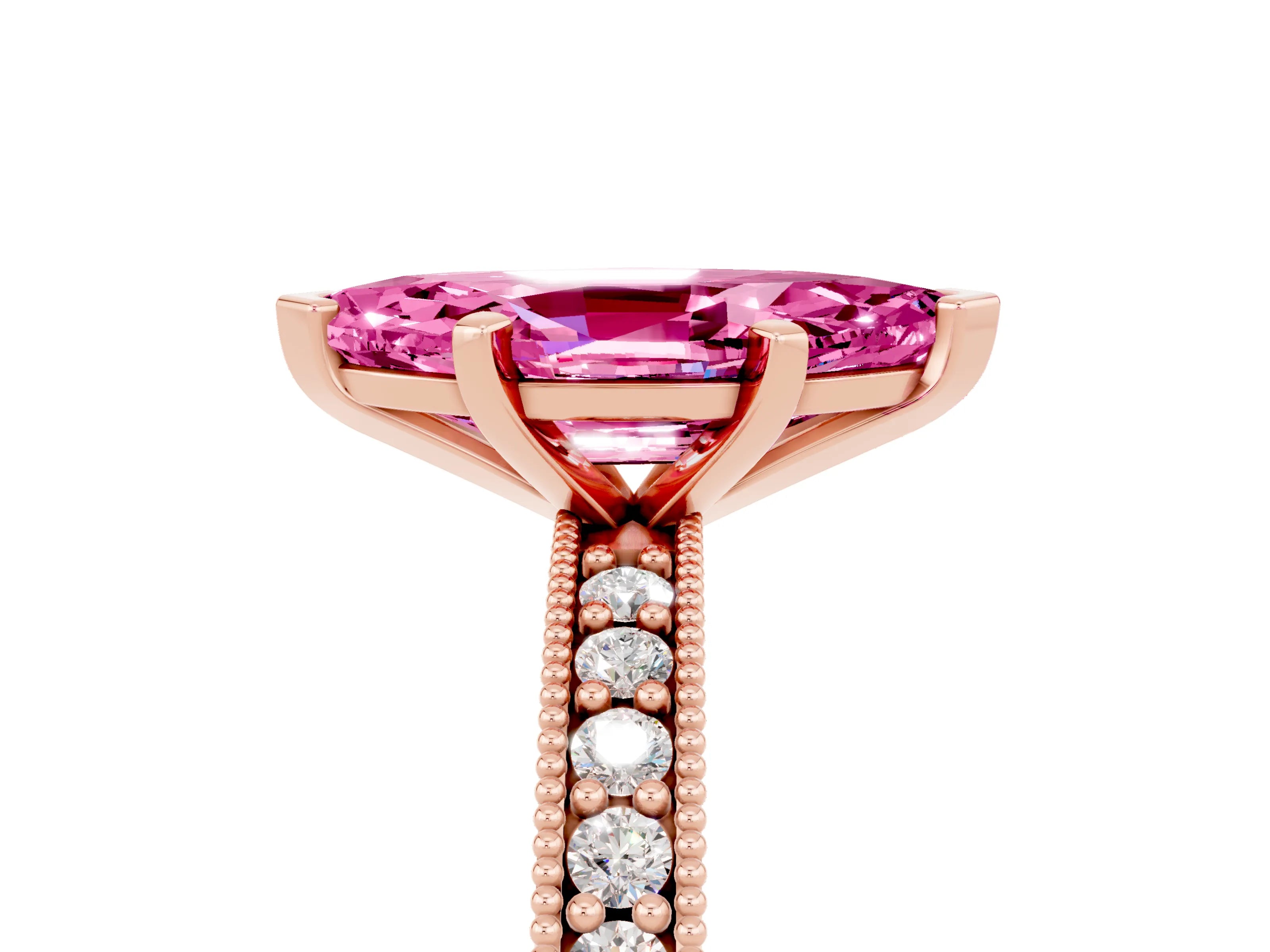 Rose gold Marquise Cut Pink Sapphire Milgrain Pavé Engagement Ring with Four-Prong Setting_29