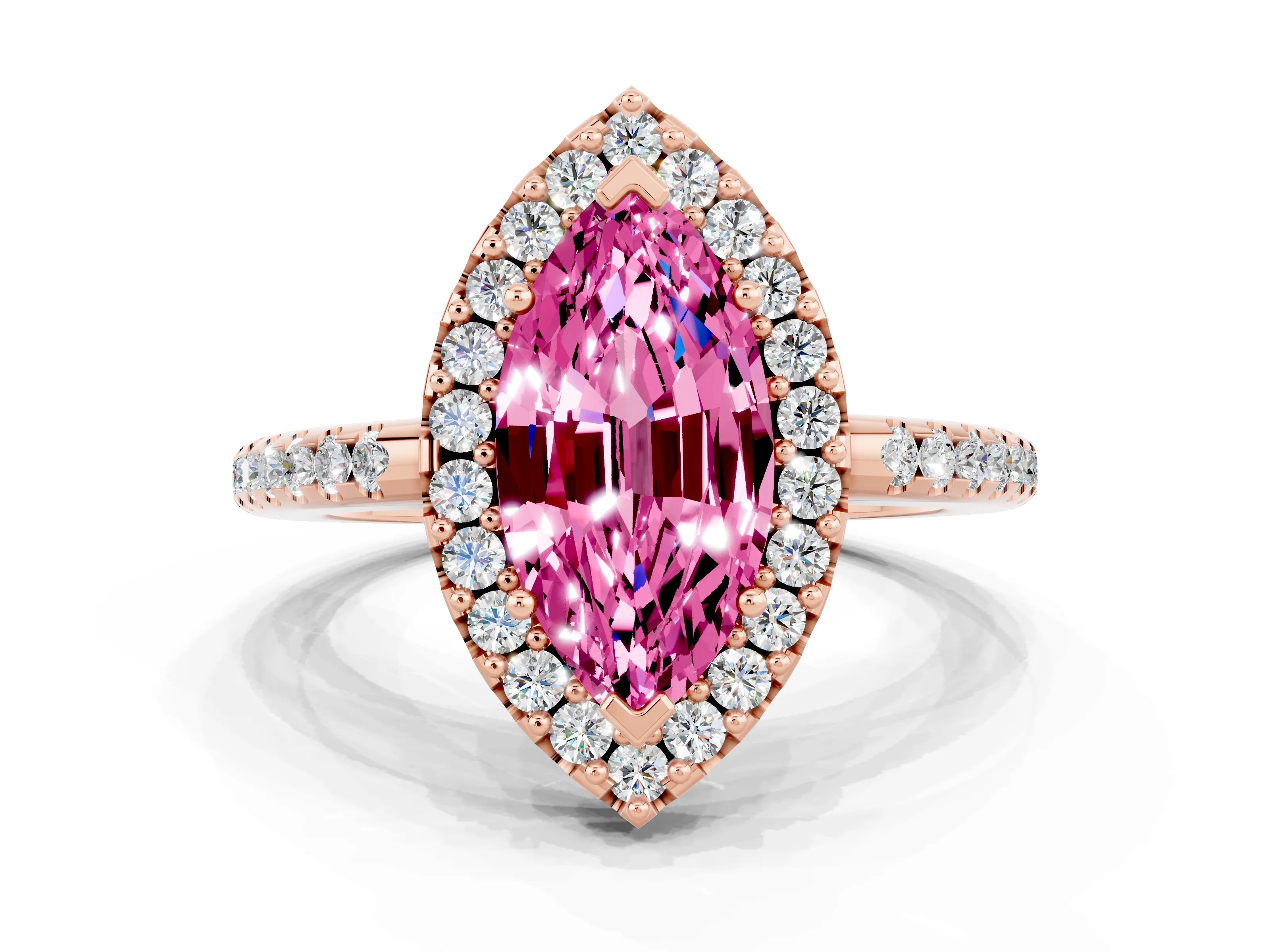 Rose gold Marquise Cut Pink Sapphire Pavé Halo Ring with Four-Prong Setting_12