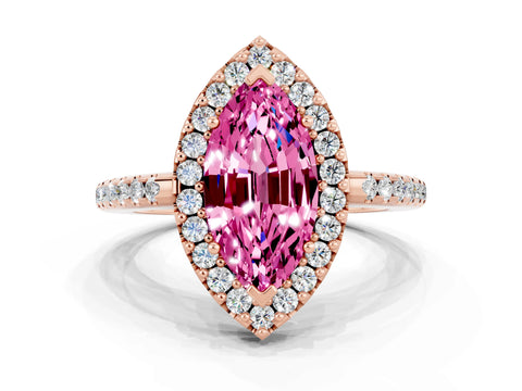 Rose gold Marquise Cut Pink Sapphire Pavé Halo Ring with Four-Prong Setting_12