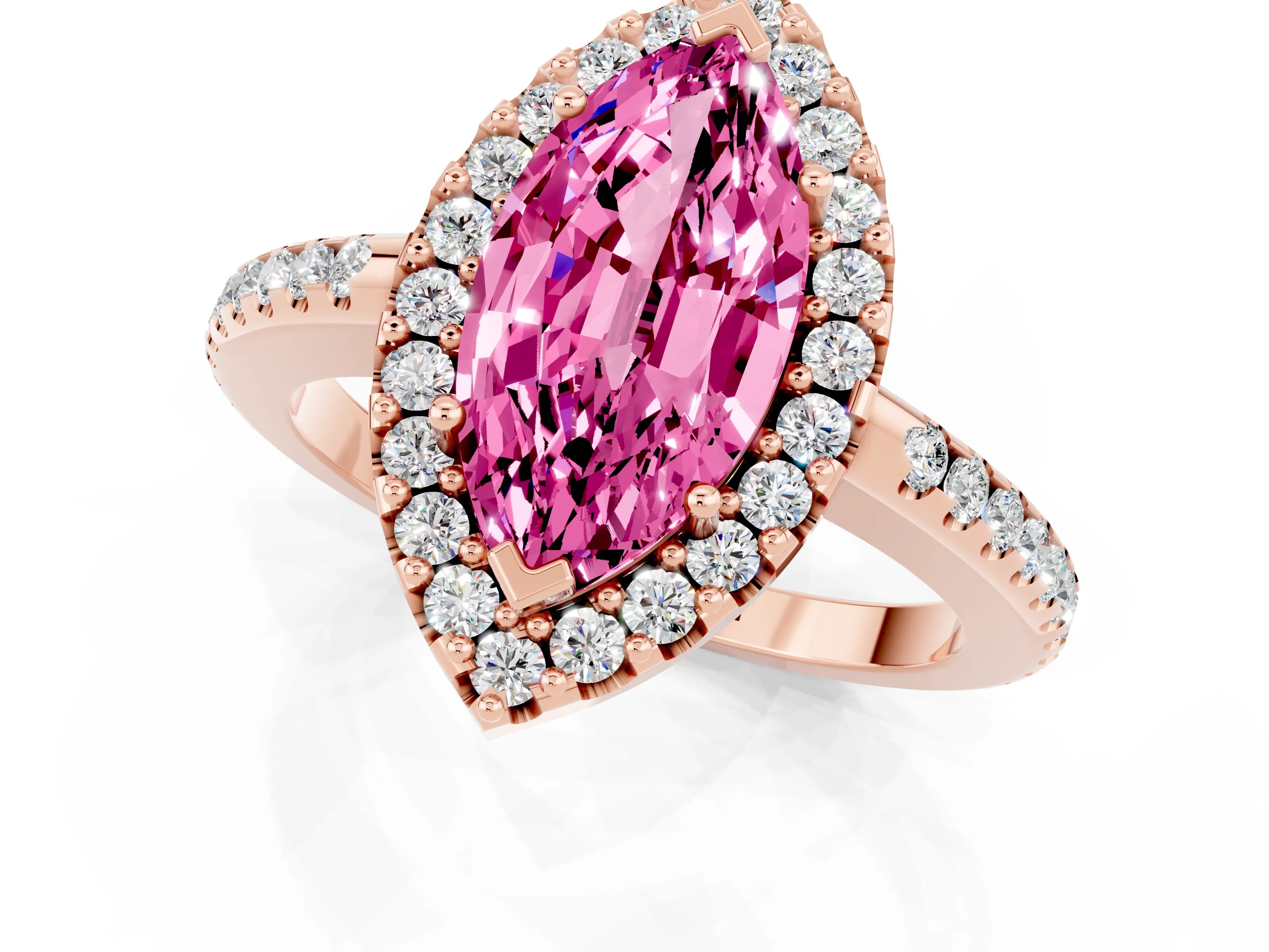 Rose gold Marquise Cut Pink Sapphire Pavé Halo Ring with Four-Prong Setting_13