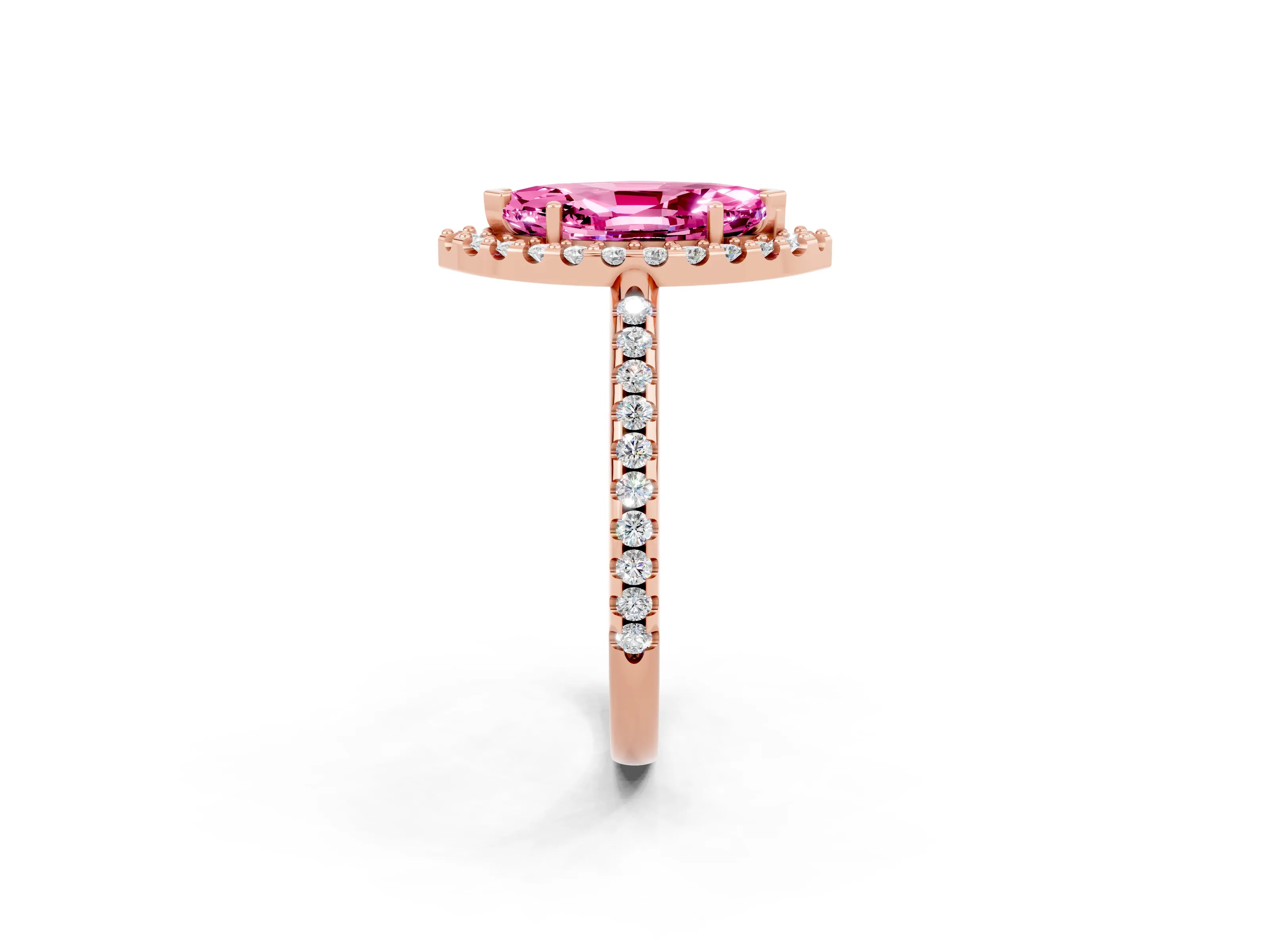 Rose gold Marquise Cut Pink Sapphire Pavé Halo Ring with Four-Prong Setting_14