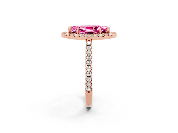 Rose gold Marquise Cut Pink Sapphire Pavé Halo Ring with Four-Prong Setting