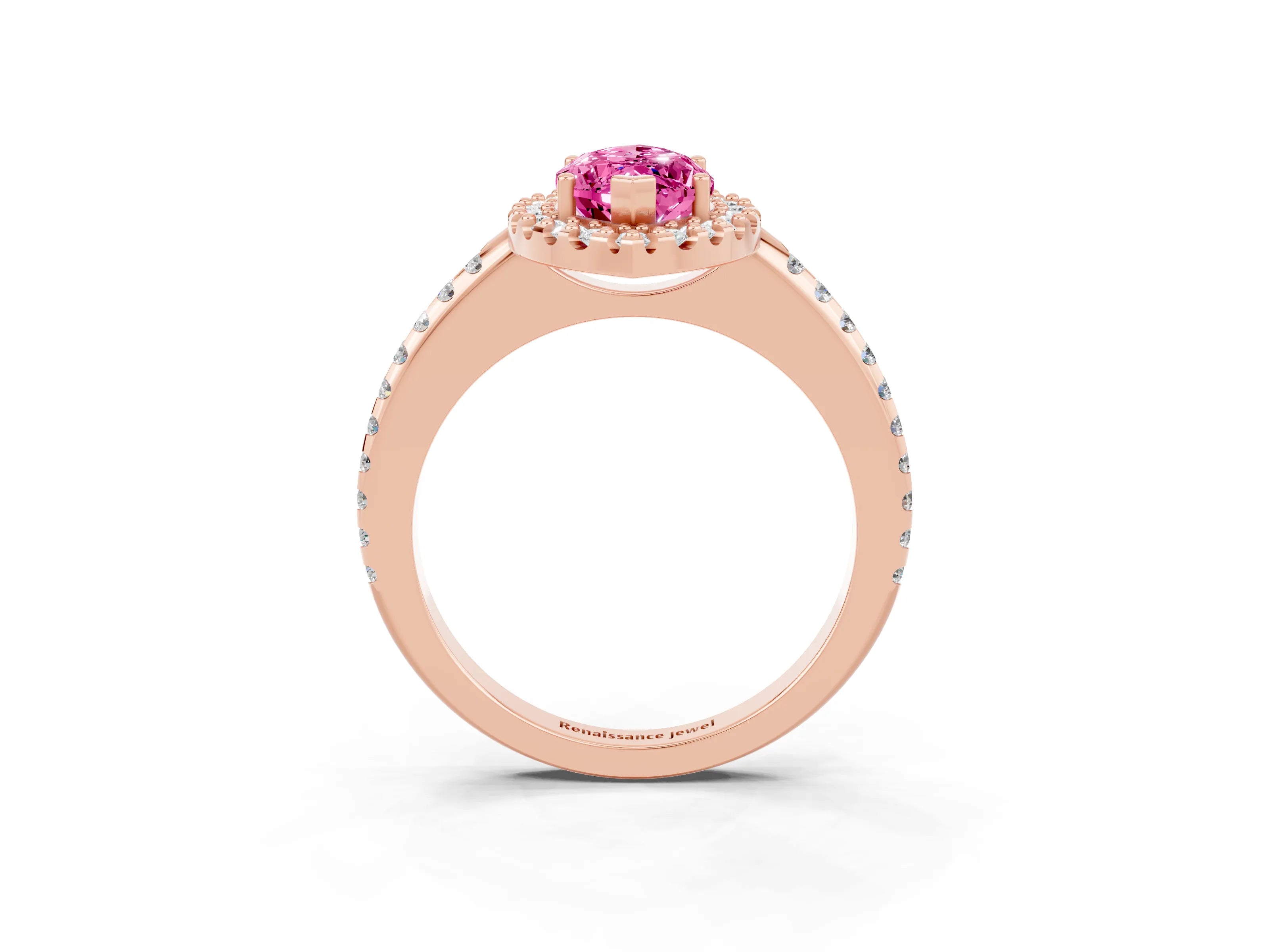 Rose gold Marquise Cut Pink Sapphire Pavé Halo Ring with Four-Prong Setting_15