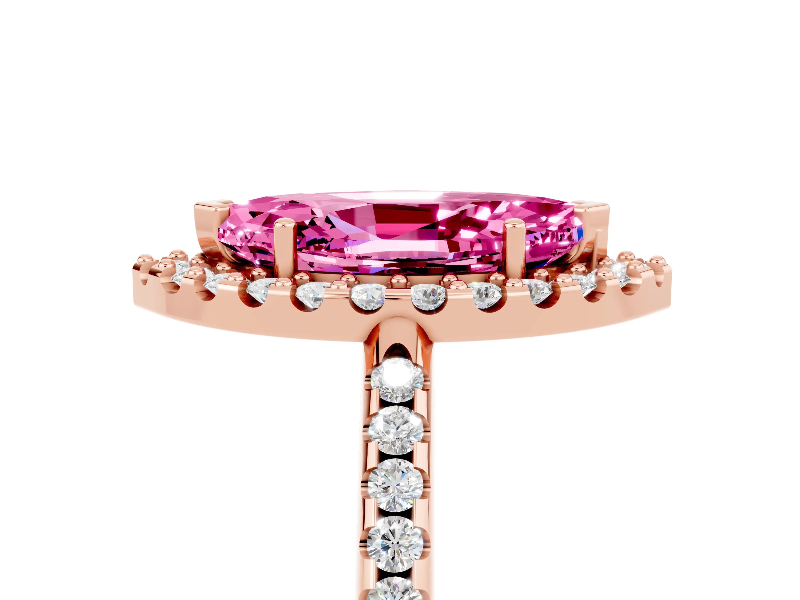 Rose gold Marquise Cut Pink Sapphire Pavé Halo Ring with Four-Prong Setting_17