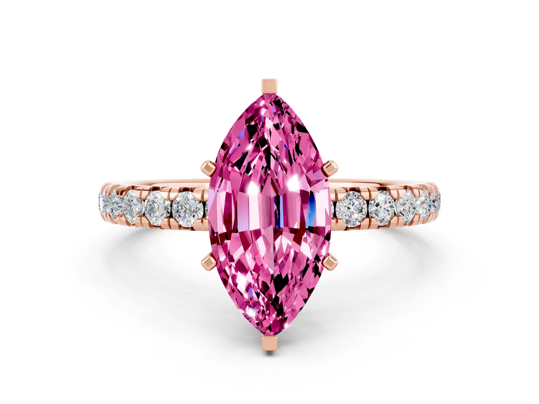 Rose gold Marquise Cut Pink Sapphire Pavé Solitaire Ring with Round Band and Prong Setting_12