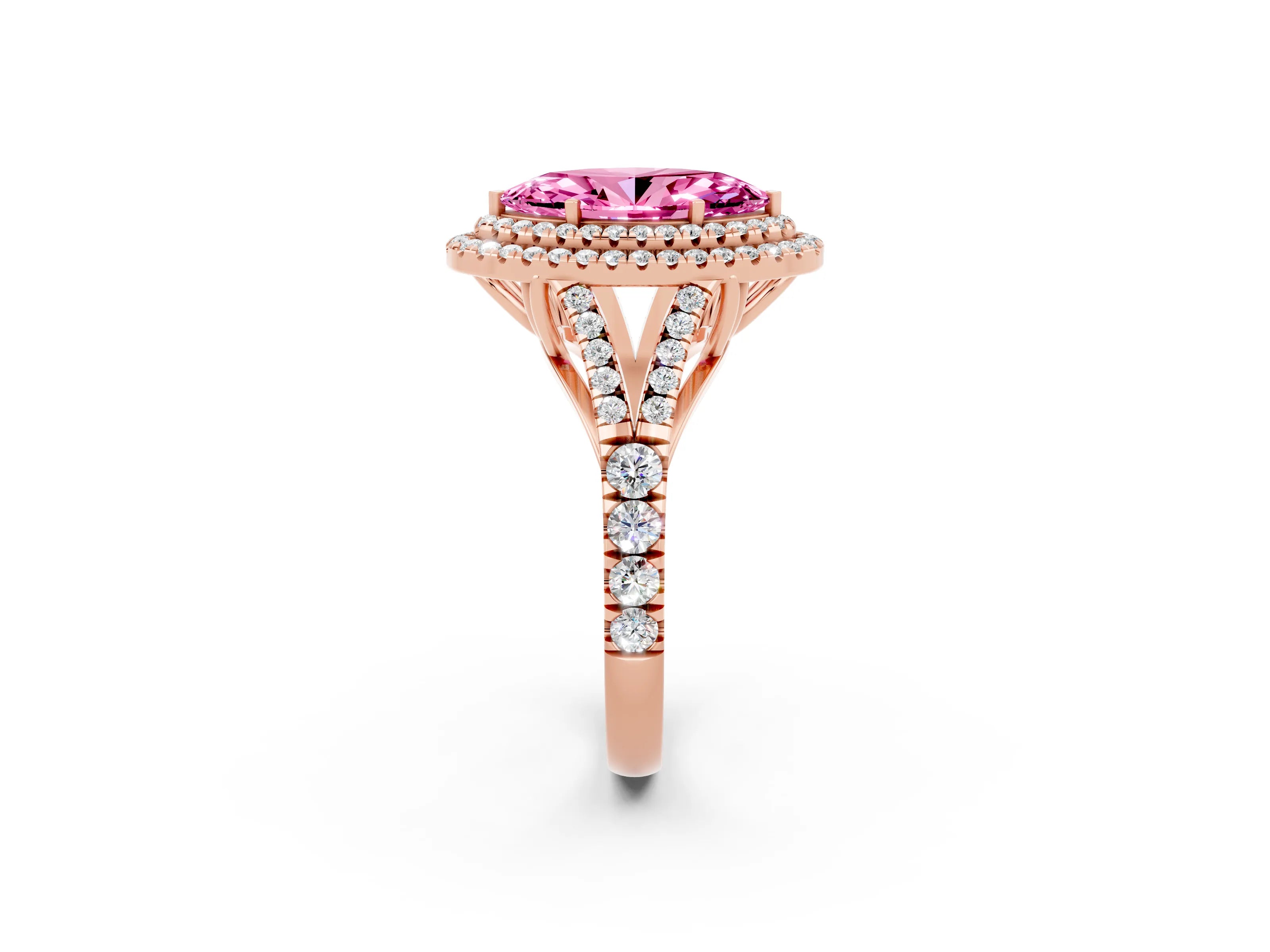Rose gold Marquise Cut Pink Sapphire Pavé Split Shank Double Halo Engagement Ring_2
