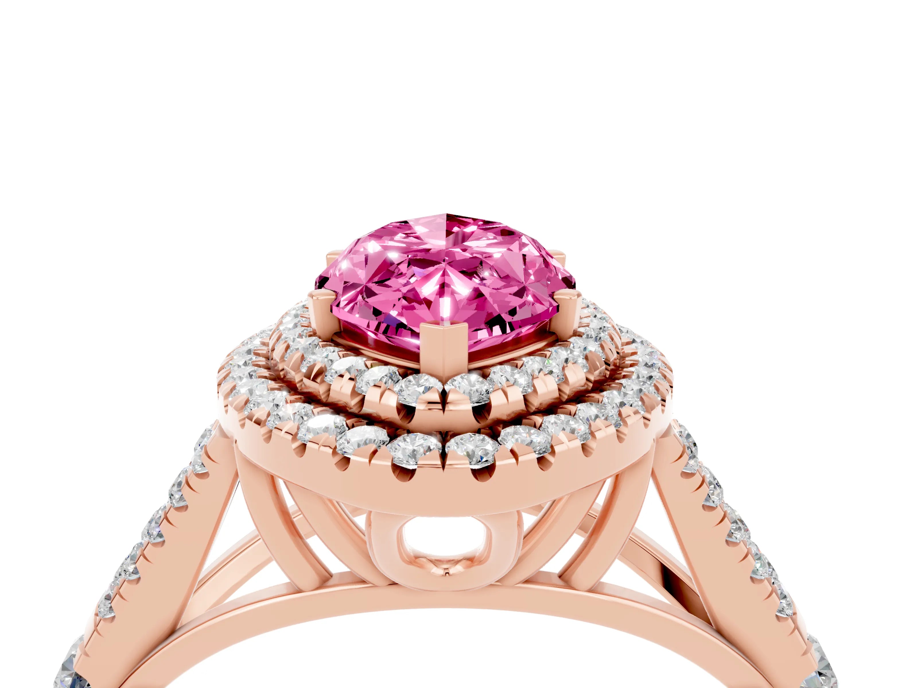 Rose gold Marquise Cut Pink Sapphire Pavé Split Shank Double Halo Engagement Ring_4