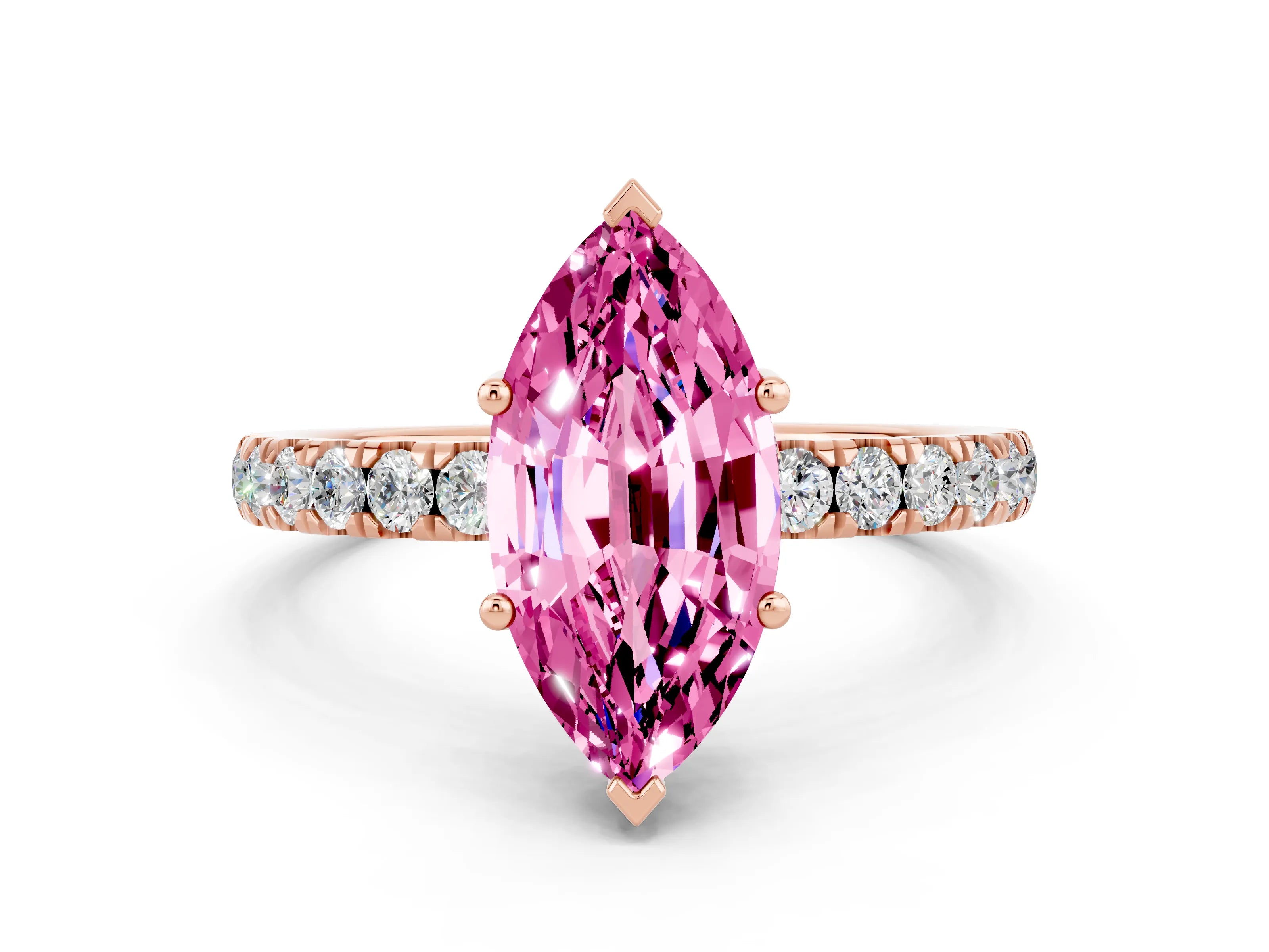 Rose gold Marquise Cut Pink Sapphire Pave Band Solitaire Ring with Four-Prong Setting_12
