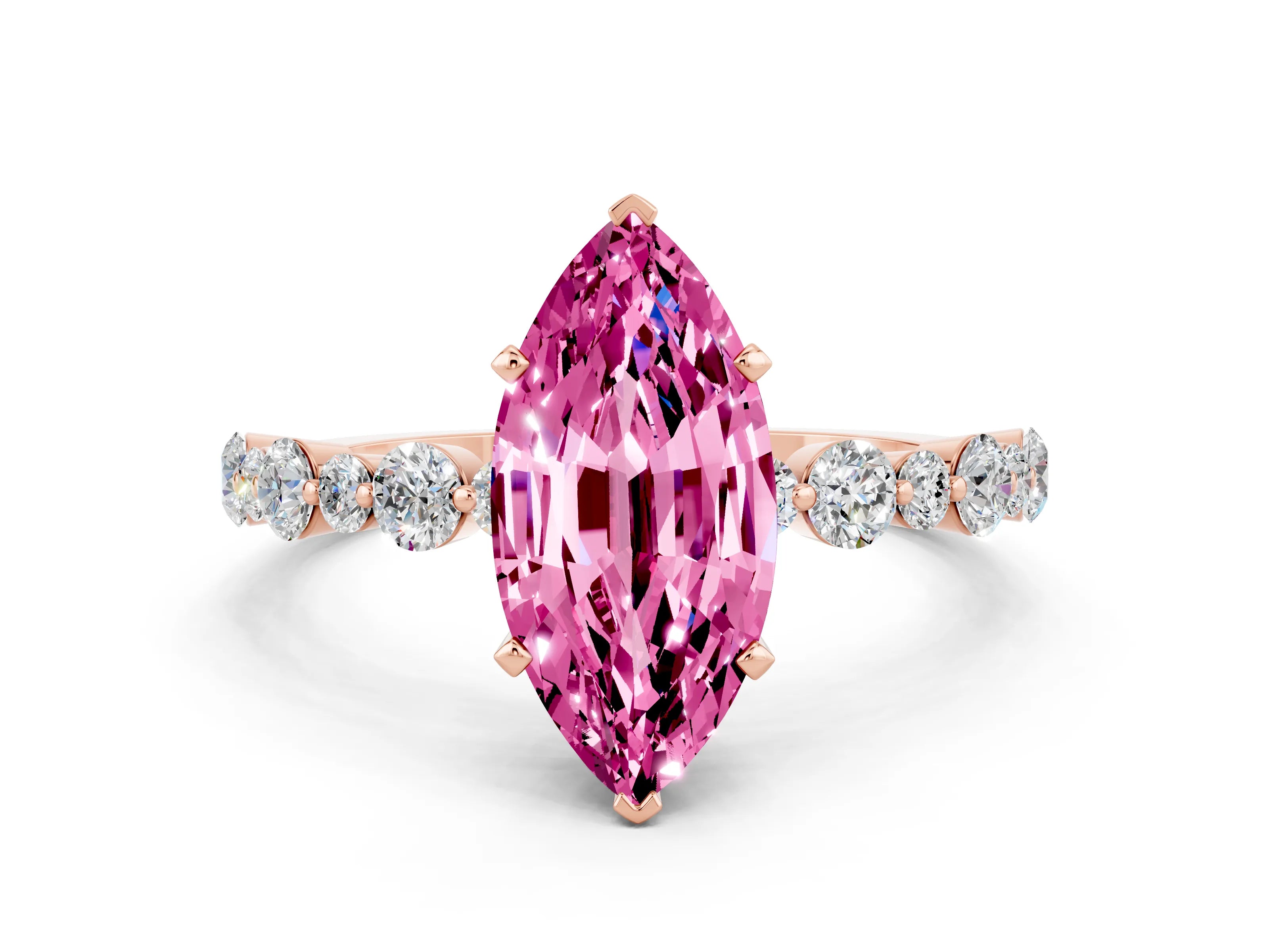 Rose gold Marquise Cut Pink Sapphire Prong Set Engagement Ring with Pavé Band_12