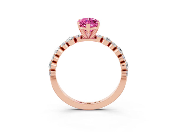 Rose gold Marquise Cut Pink Sapphire Prong Set Engagement Ring with Pavé Band