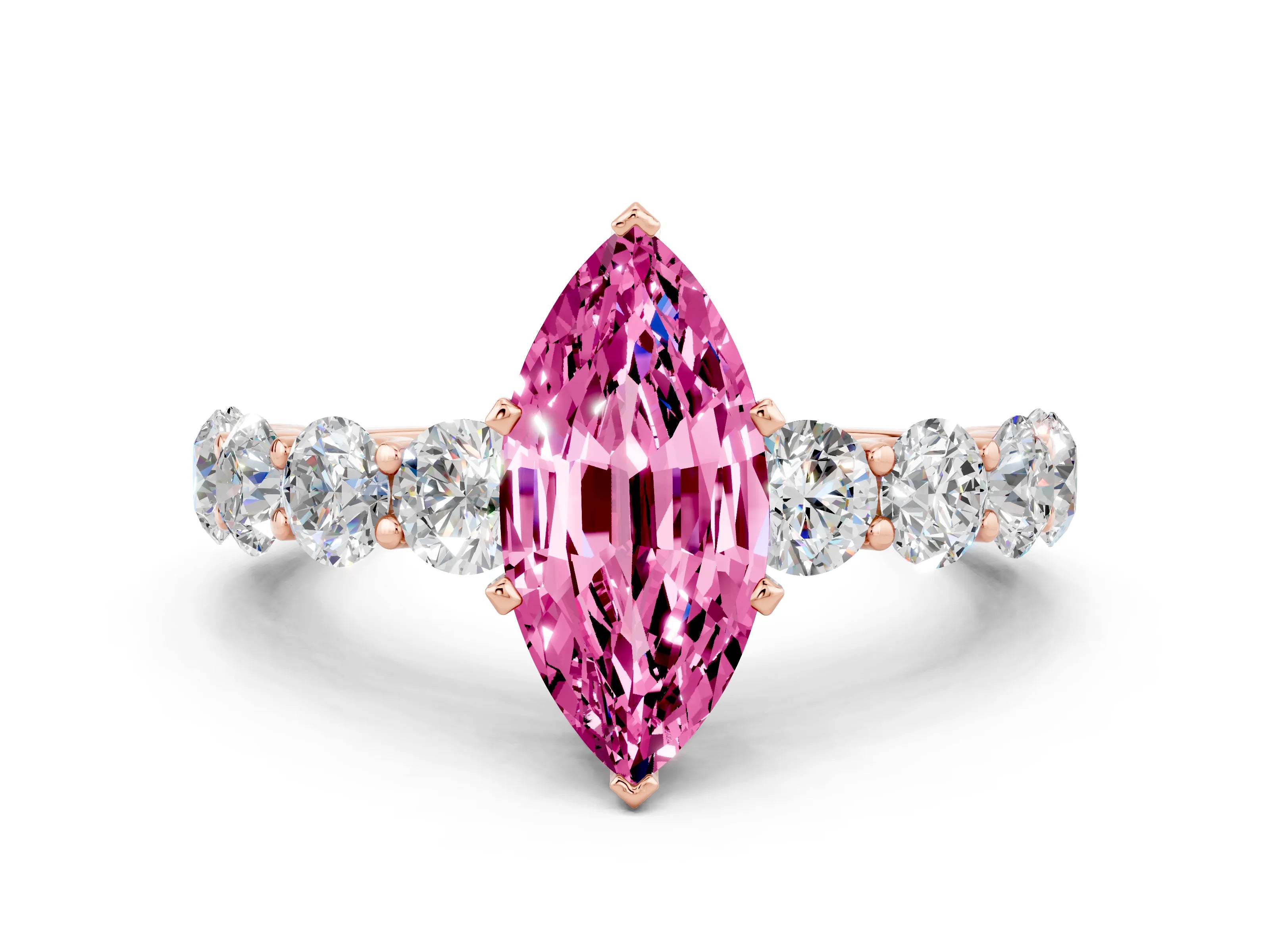 Rose gold Marquise Cut Pink Sapphire Prong Setting with Side Stones on a Pave Band_24