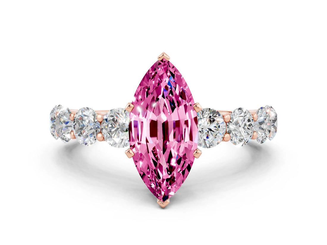 Rose gold Marquise Cut Pink Sapphire Prong Setting with Side Stones on a Pave Band_24