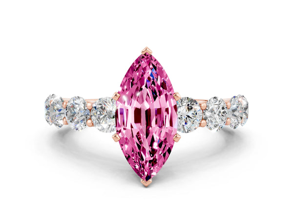 Rose gold Marquise Cut Pink Sapphire Prong Setting with Side Stones on a Pave Band