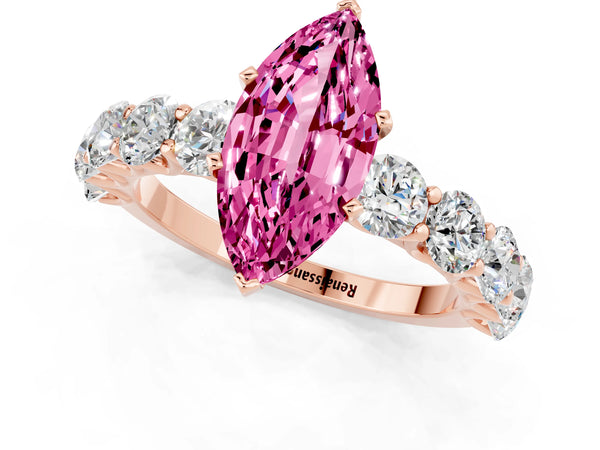 Rose gold Marquise Cut Pink Sapphire Prong Setting with Side Stones on a Pave Band