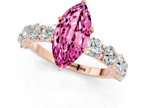 Rose gold Marquise Cut Pink Sapphire Prong Setting with Side Stones on a Pave Band_25