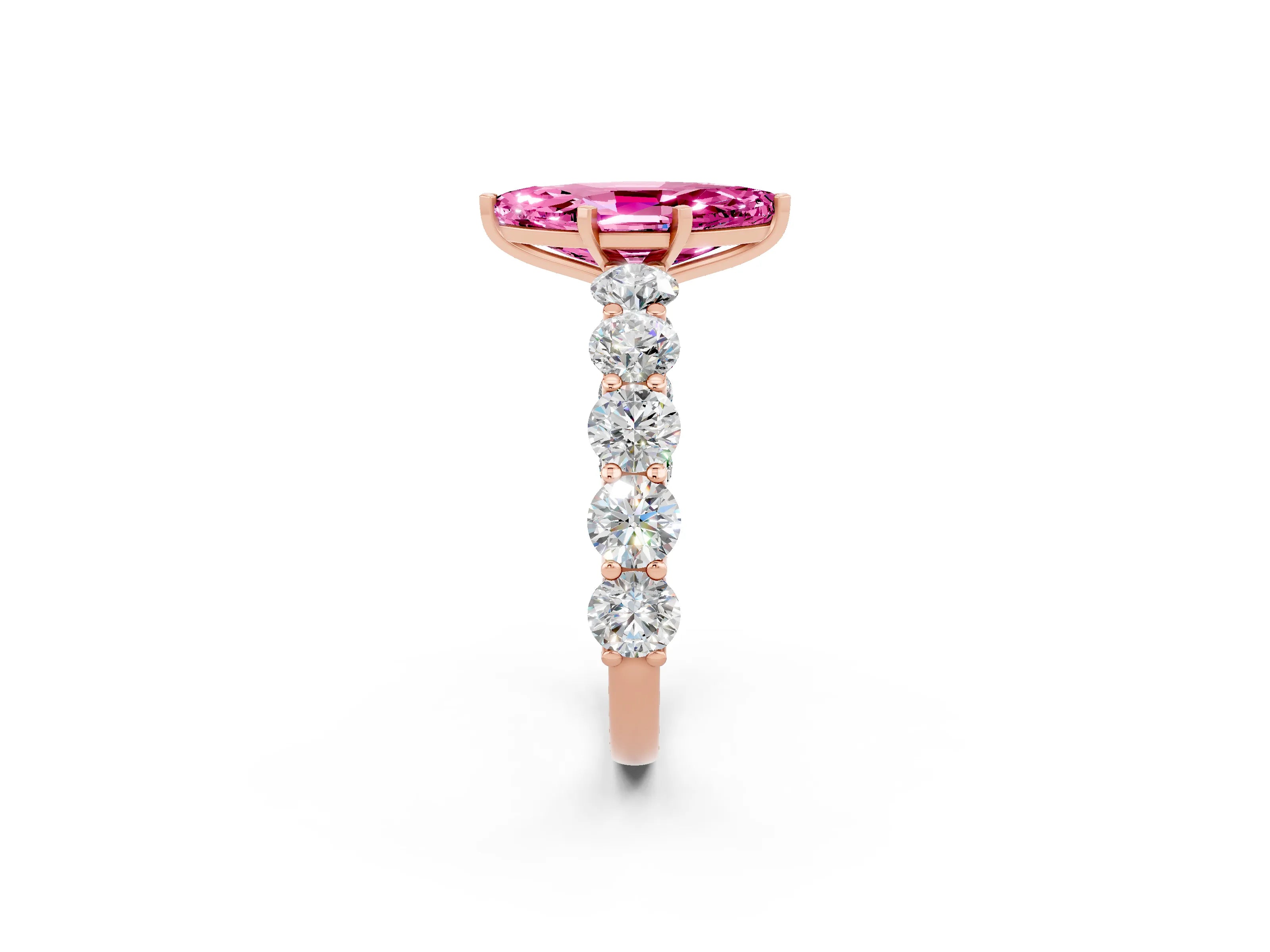 Rose gold Marquise Cut Pink Sapphire Prong Setting with Side Stones on a Pave Band_26