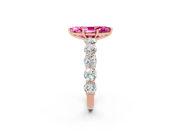 Rose gold Marquise Cut Pink Sapphire Prong Setting with Side Stones on a Pave Band