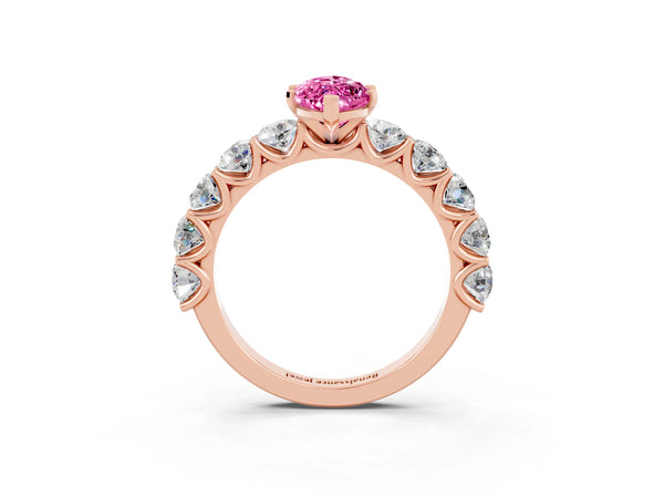 Rose gold Marquise Cut Pink Sapphire Prong Setting with Side Stones on a Pave Band
