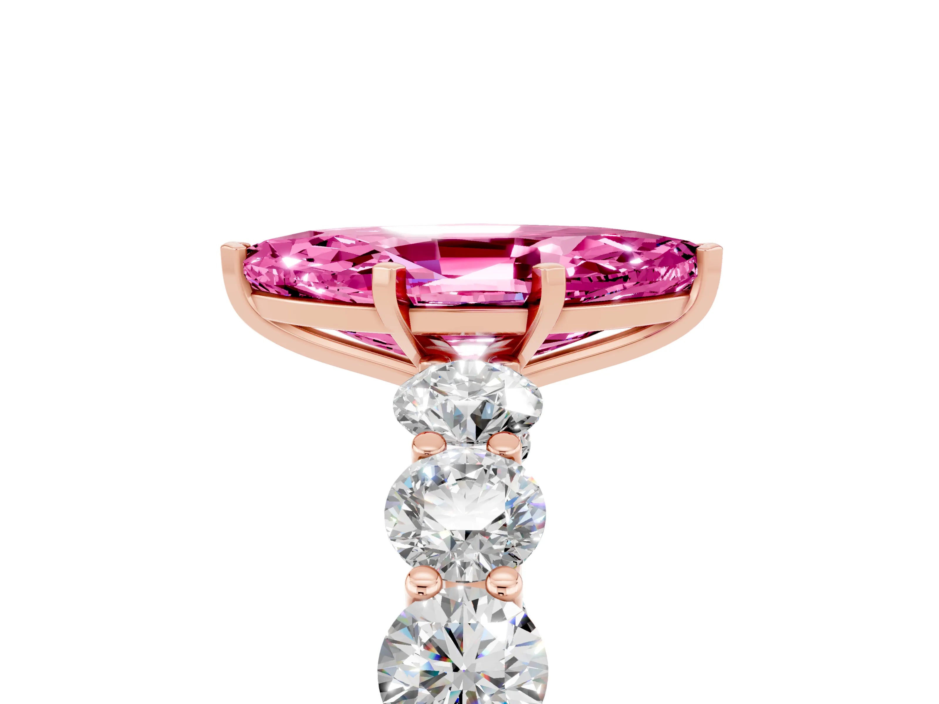 Rose gold Marquise Cut Pink Sapphire Prong Setting with Side Stones on a Pave Band_29