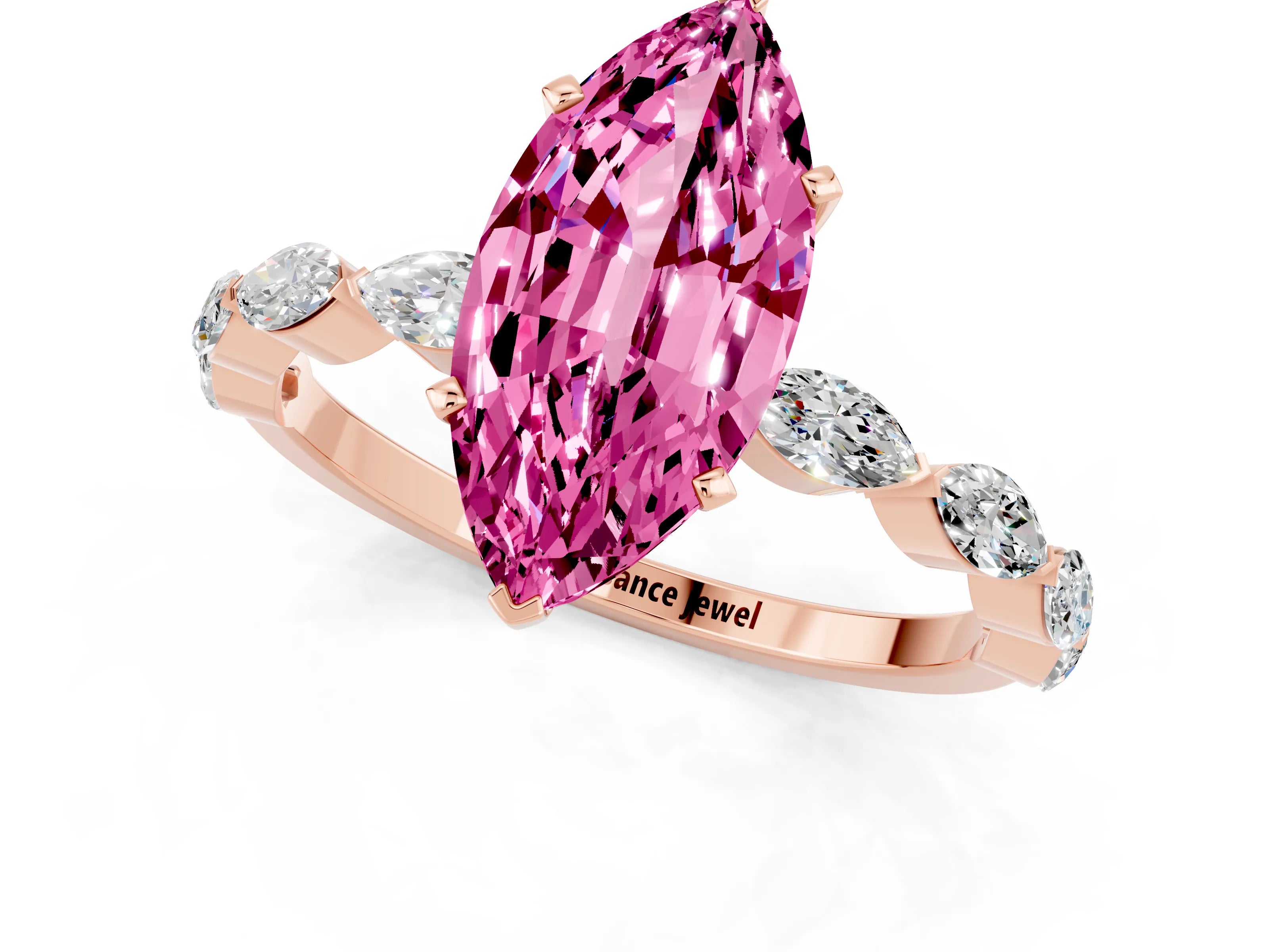 Rose gold Marquise Cut Pink Sapphire Ring with Marquise Side Stones and Prong Setting_13