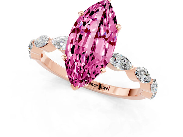 Rose gold Marquise Cut Pink Sapphire Ring with Marquise Side Stones and Prong Setting