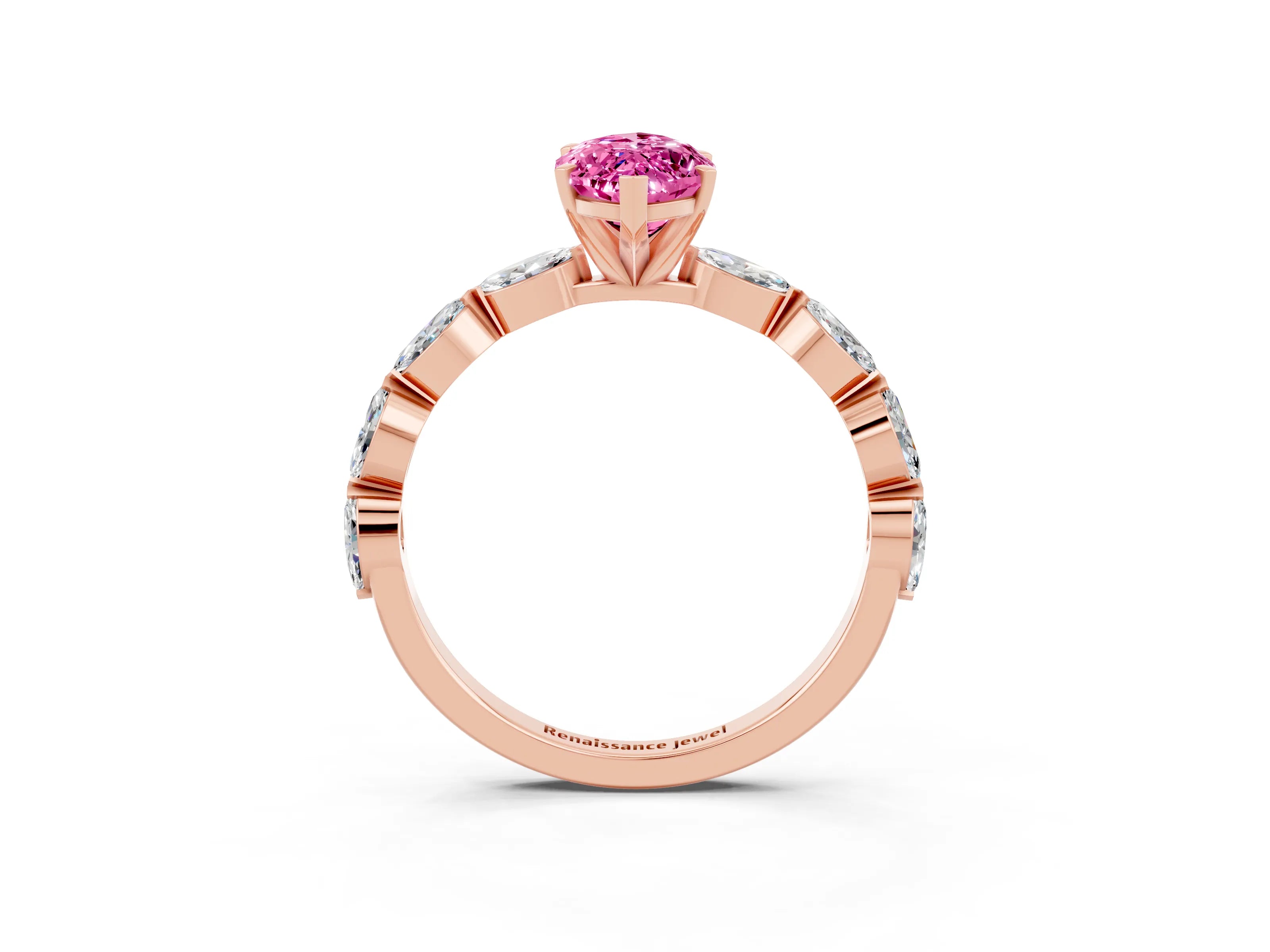 Rose gold Marquise Cut Pink Sapphire Ring with Marquise Side Stones and Prong Setting_15