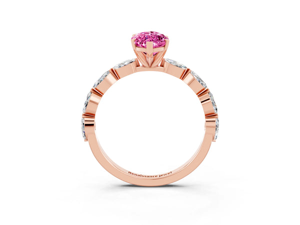 Rose gold Marquise Cut Pink Sapphire Ring with Marquise Side Stones and Prong Setting