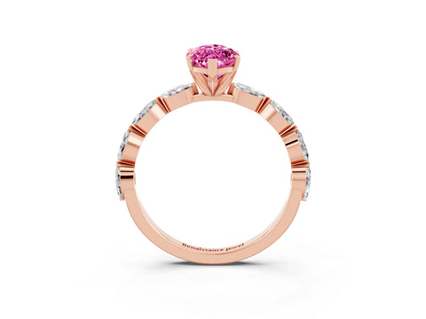 Rose gold Marquise Cut Pink Sapphire Ring with Marquise Side Stones and Prong Setting_15
