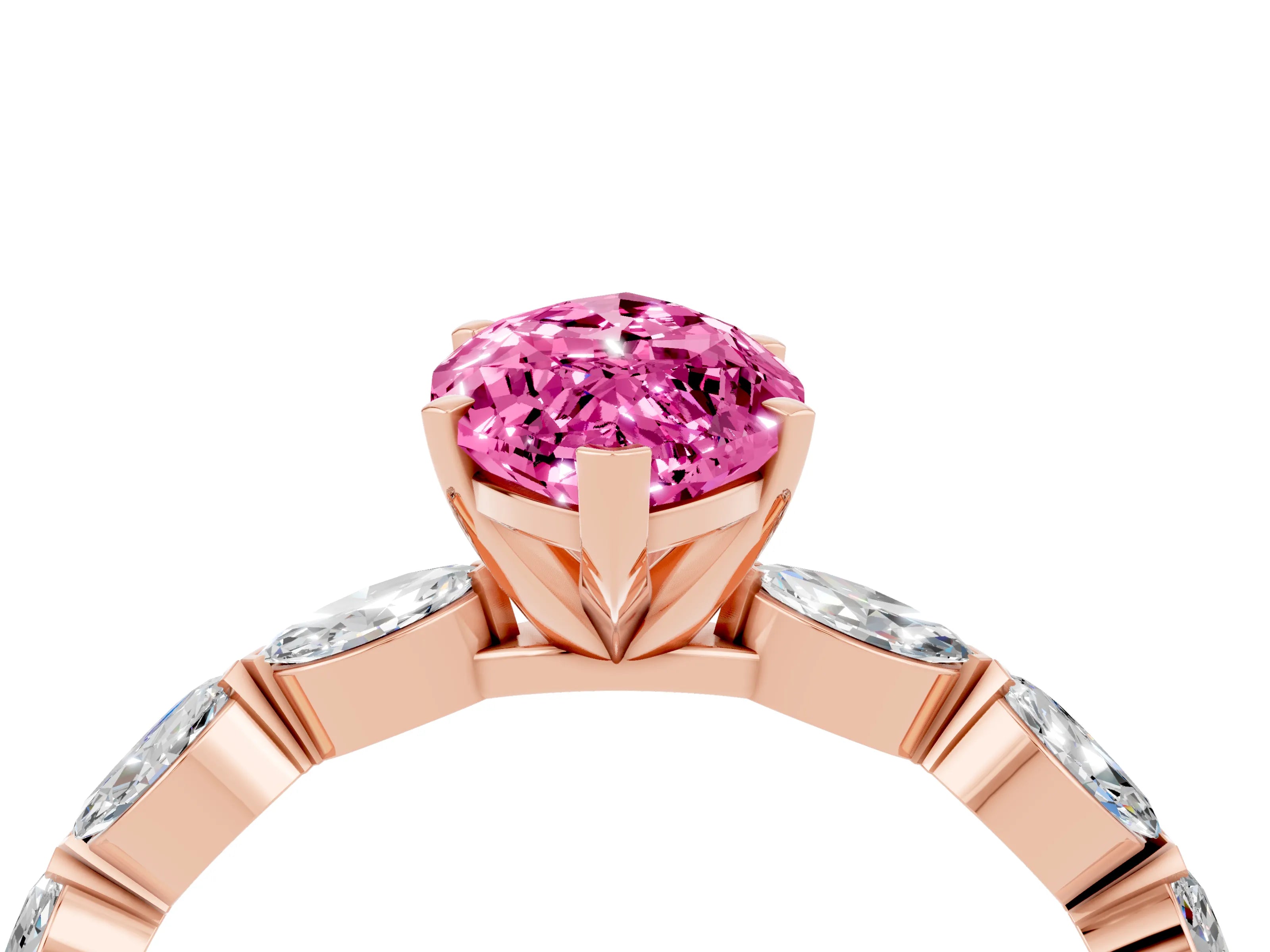 Rose gold Marquise Cut Pink Sapphire Ring with Marquise Side Stones and Prong Setting_16