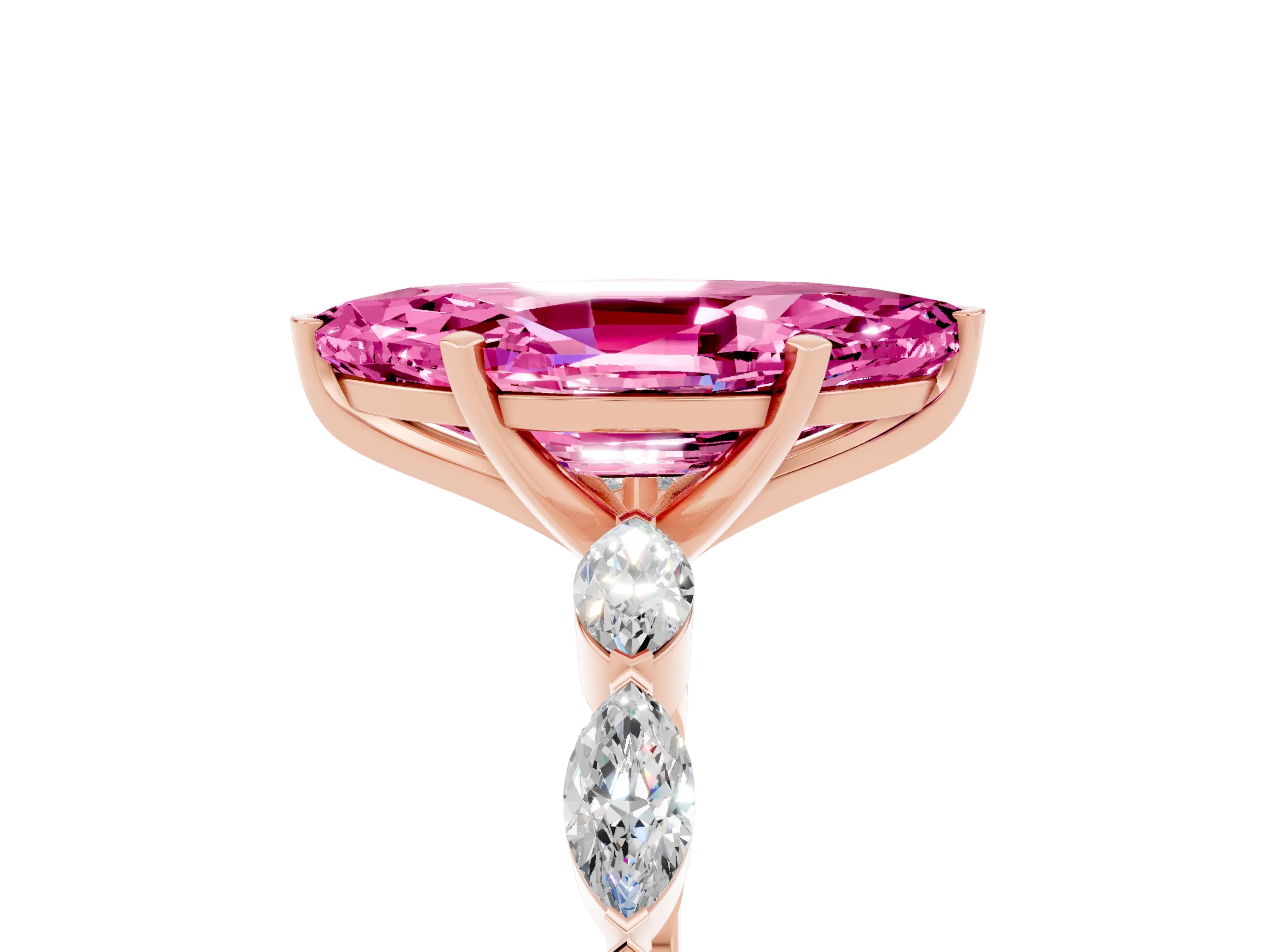 Rose gold Marquise Cut Pink Sapphire Ring with Marquise Side Stones and Prong Setting_17