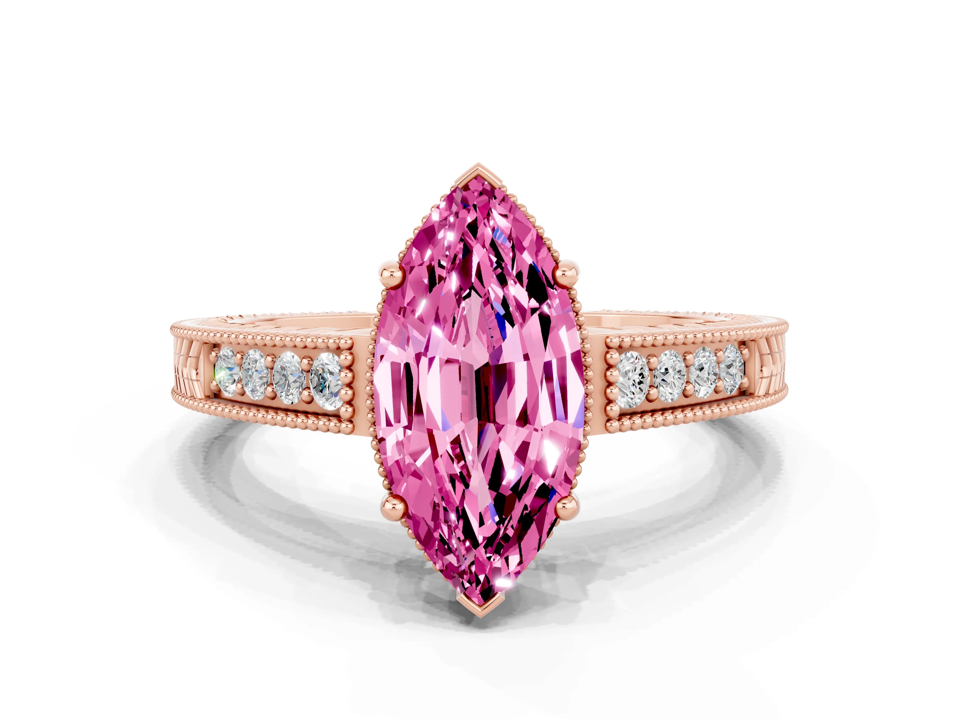 Rose gold Marquise Cut Pink Sapphire Ring with Milgrain Pavé Band and Four-Prong Setting_36