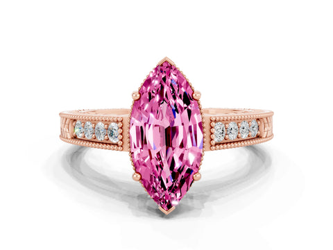 Rose gold Marquise Cut Pink Sapphire Ring with Milgrain Pavé Band and Four-Prong Setting_36