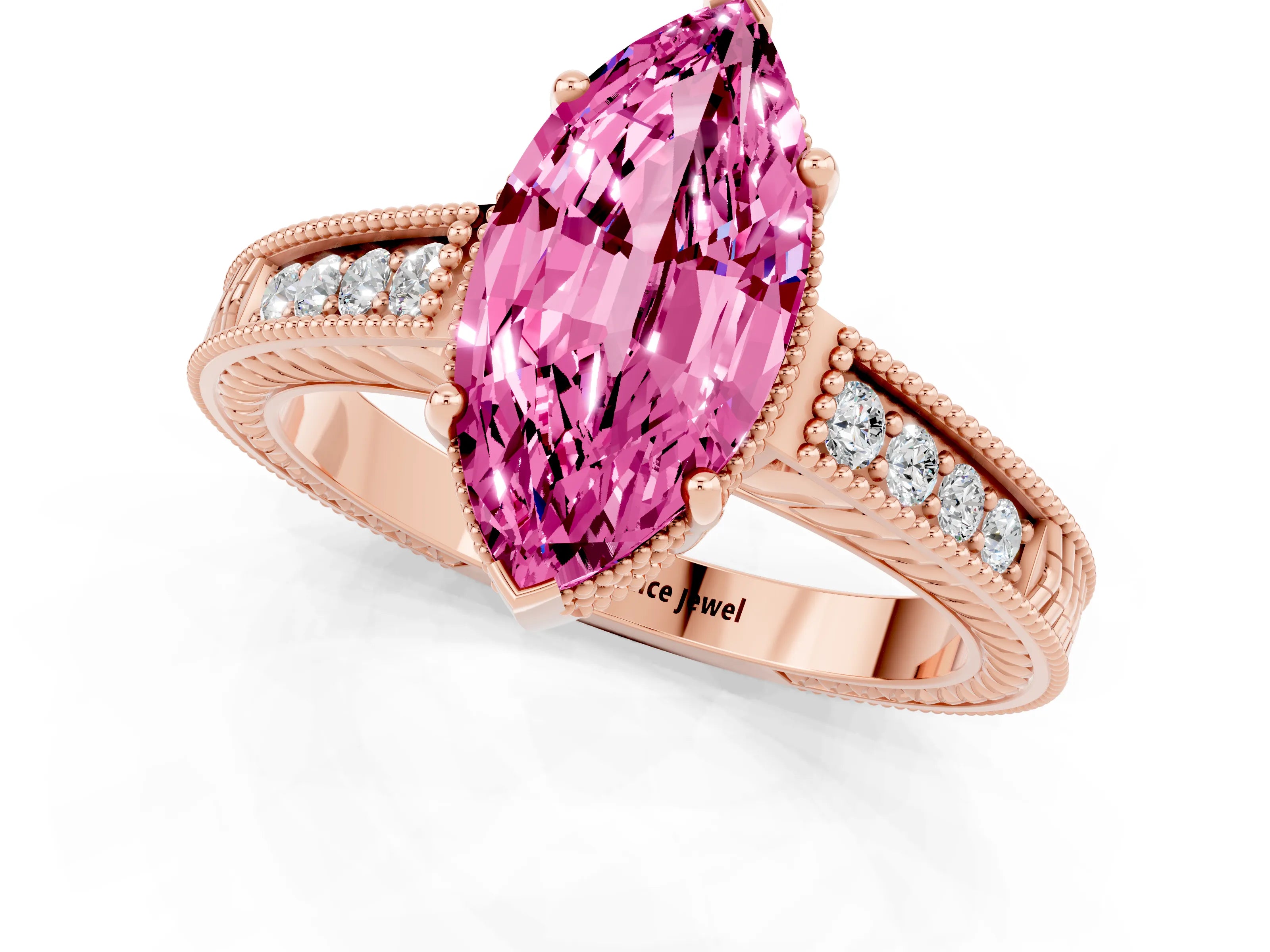 Rose gold Marquise Cut Pink Sapphire Ring with Milgrain Pavé Band and Four-Prong Setting_37