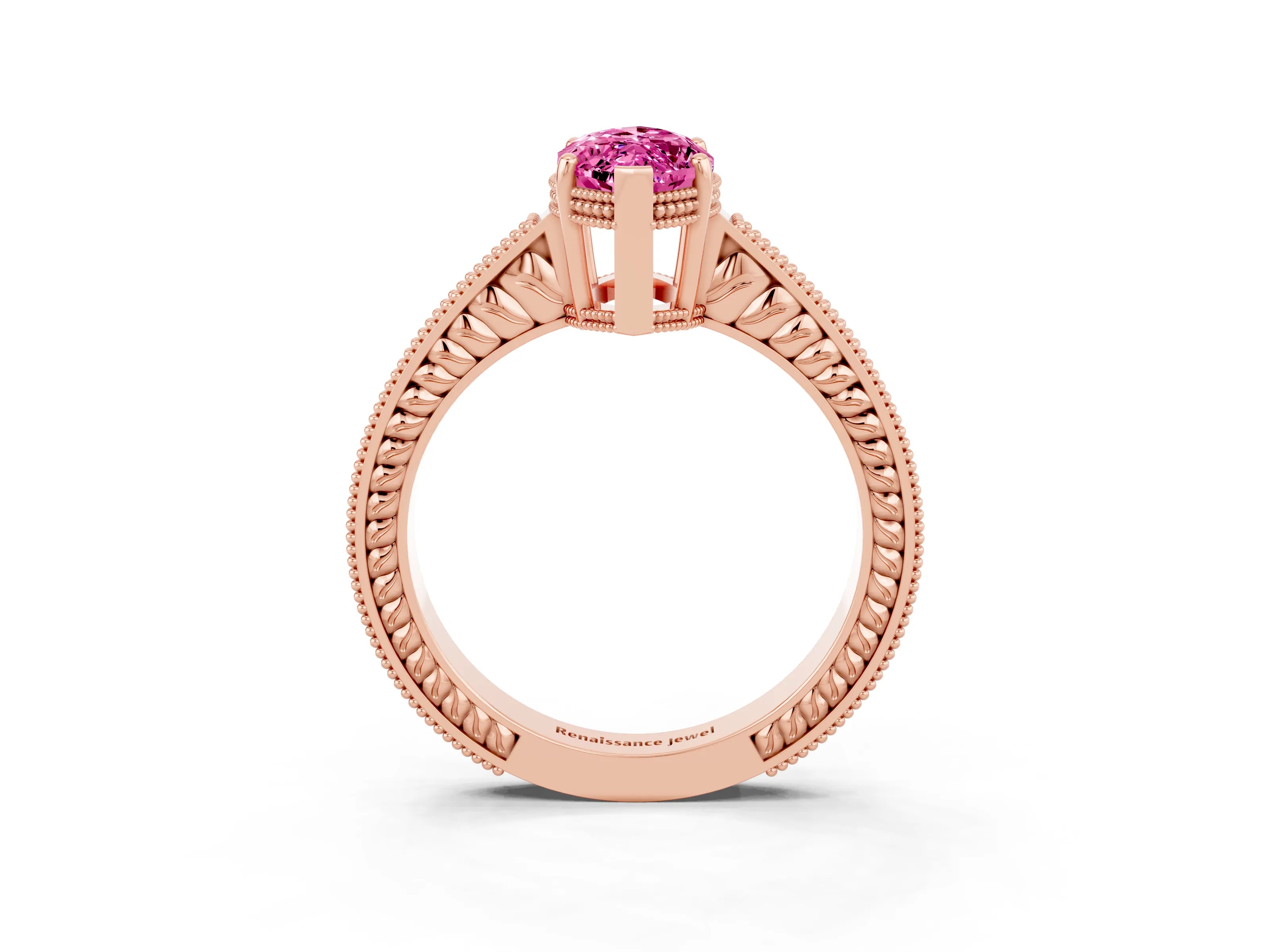 Rose gold Marquise Cut Pink Sapphire Ring with Milgrain Pavé Band and Four-Prong Setting_39