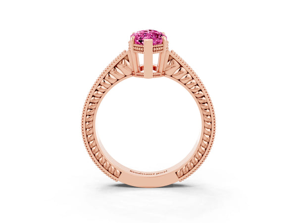 Rose gold Marquise Cut Pink Sapphire Ring with Milgrain Pavé Band and Four-Prong Setting