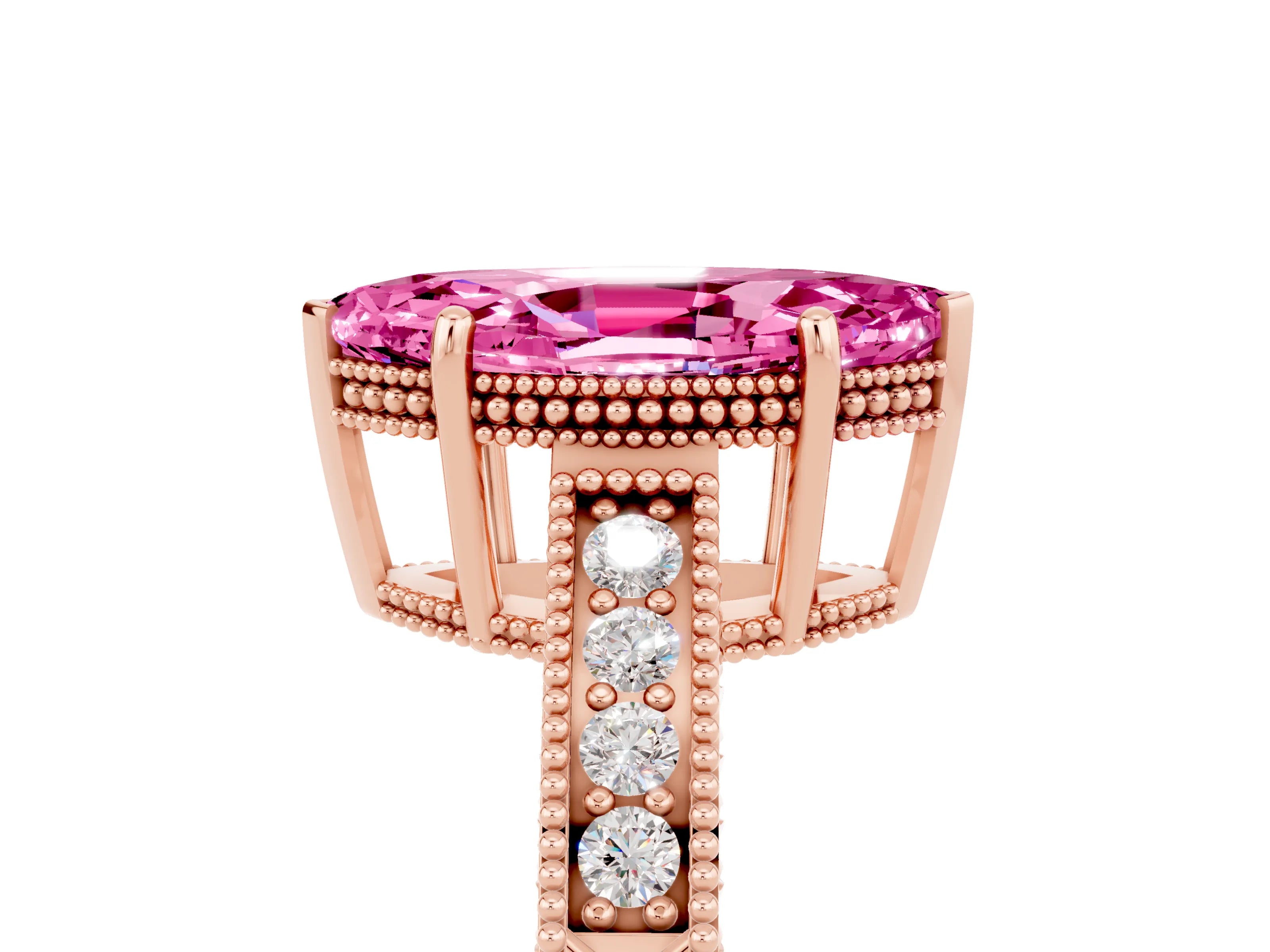 Rose gold Marquise Cut Pink Sapphire Ring with Milgrain Pavé Band and Four-Prong Setting_41