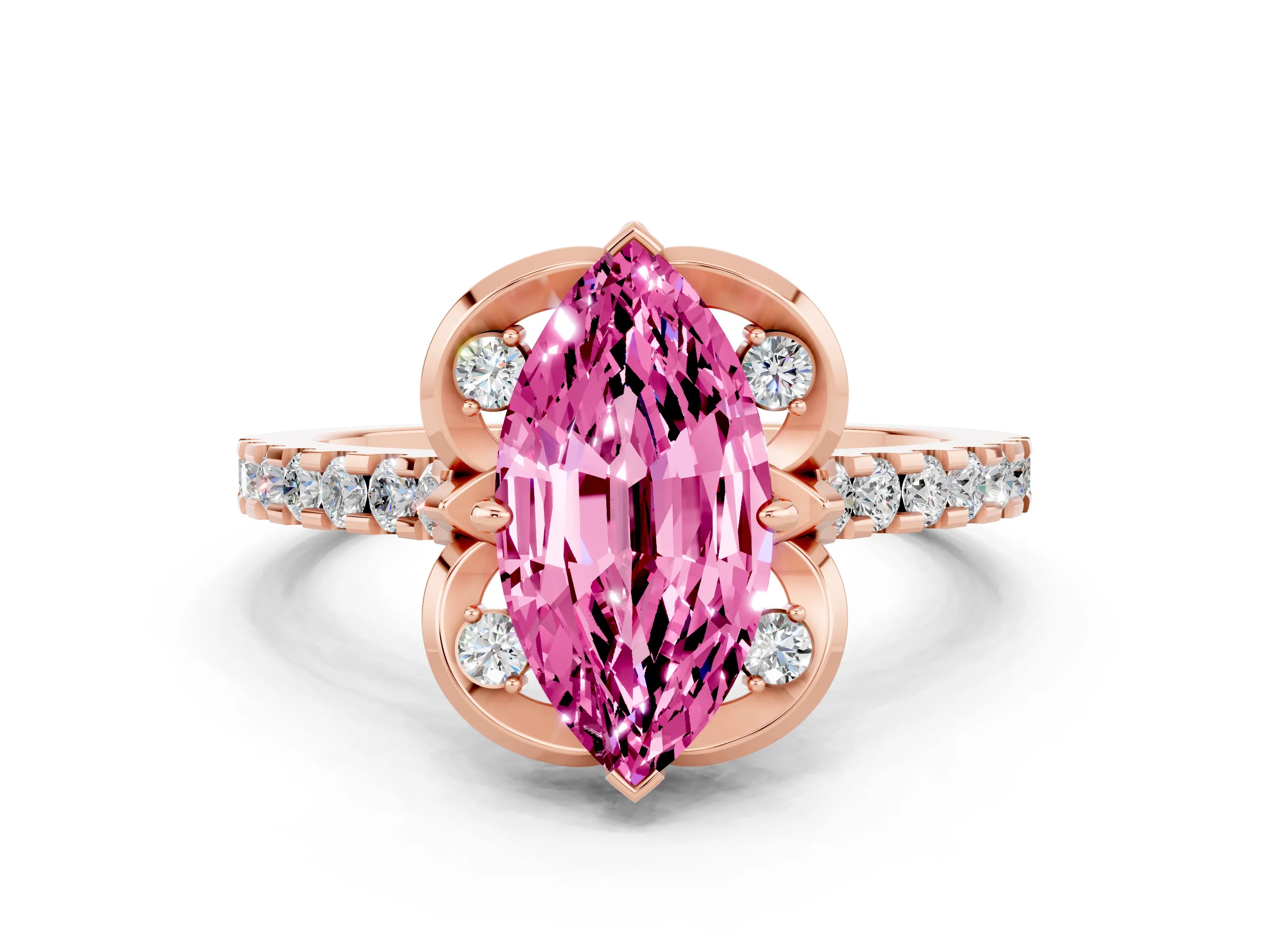Rose gold Marquise Cut Pink Sapphire Ring with Pavé Band and Floral Prong Setting