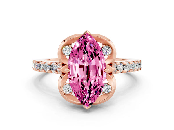 Rose gold Marquise Cut Pink Sapphire Ring with Pavé Band and Floral Prong Setting