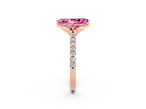Rose gold Marquise Cut Pink Sapphire Ring with Pavé Band and Floral Prong Setting