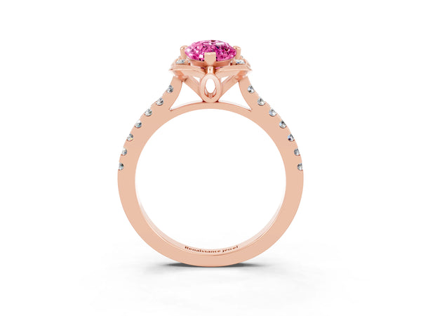 Rose gold Marquise Cut Pink Sapphire Ring with Pavé Band and Floral Prong Setting
