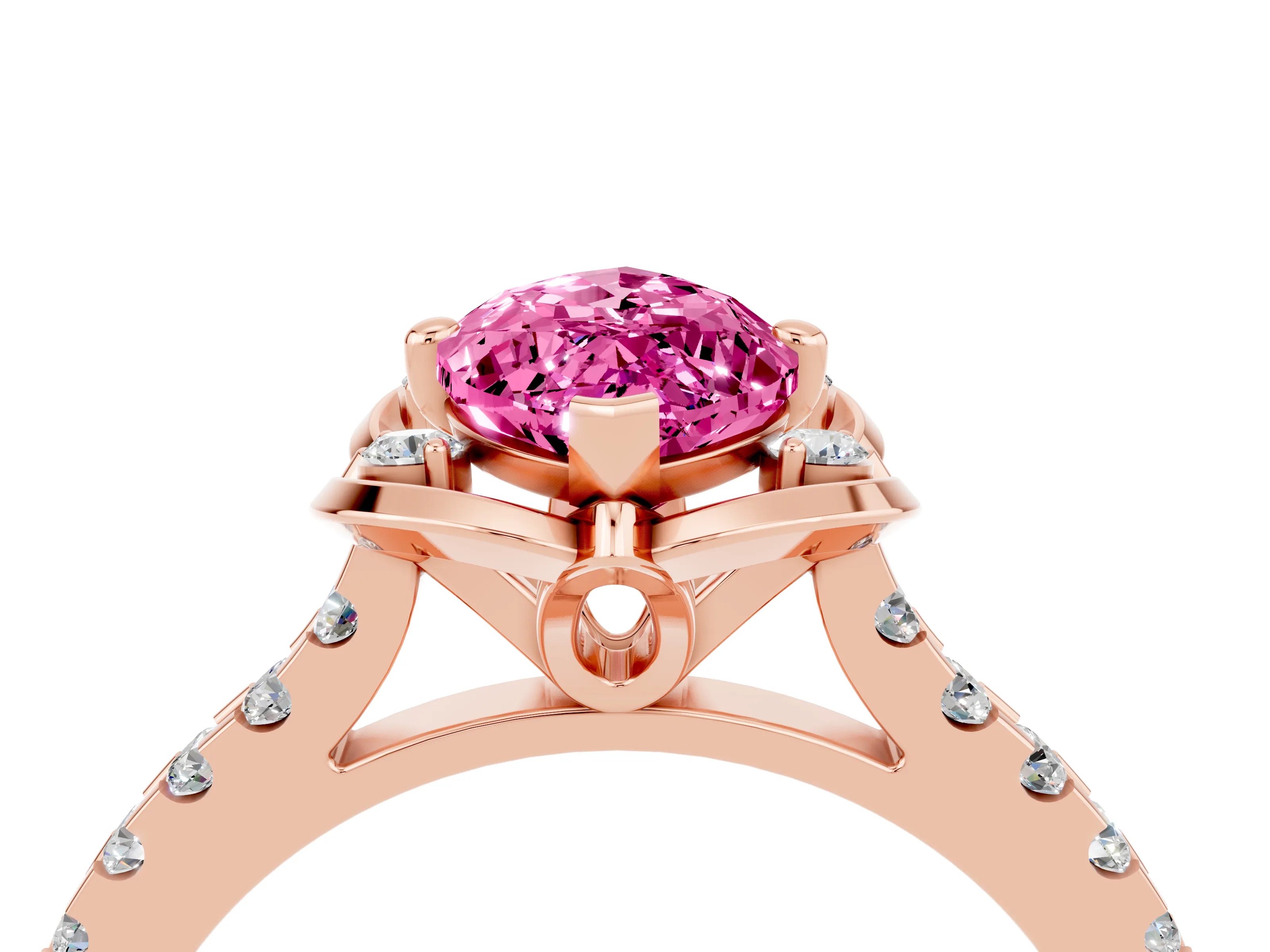 Rose gold Marquise Cut Pink Sapphire Ring with Pavé Band and Floral Prong Setting_4