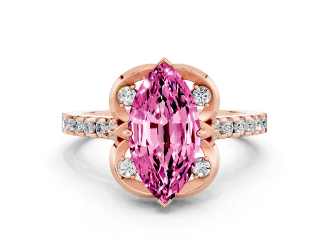 Rose gold Marquise Cut Pink Sapphire Ring with Pavé Band and Floral Prong Setting
