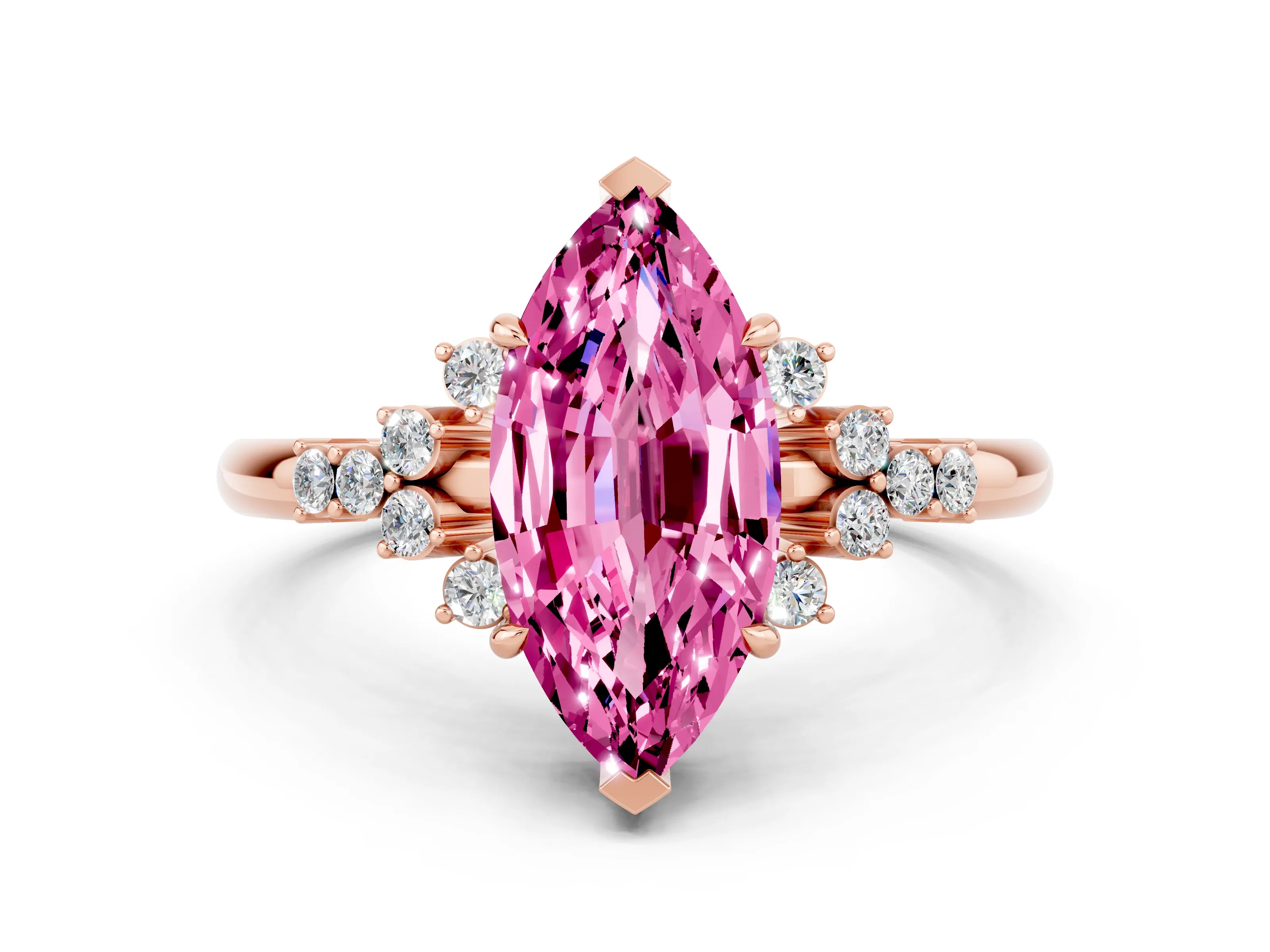 Rose gold Marquise Cut Pink Sapphire Ring with Side Stones and Four-Prong Setting_60