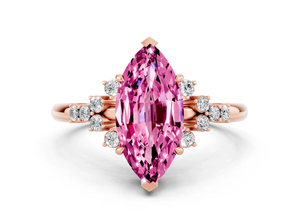 Rose gold Marquise Cut Pink Sapphire Ring with Side Stones and Four-Prong Setting