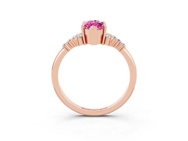 Rose gold Marquise Cut Pink Sapphire Ring with Side Stones and Four-Prong Setting