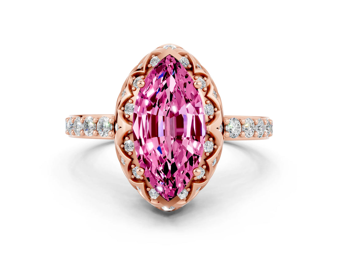 Rose gold Marquise Cut Pink Sapphire Scalloped Halo Engagement Ring with Round Shared Prong Band_12