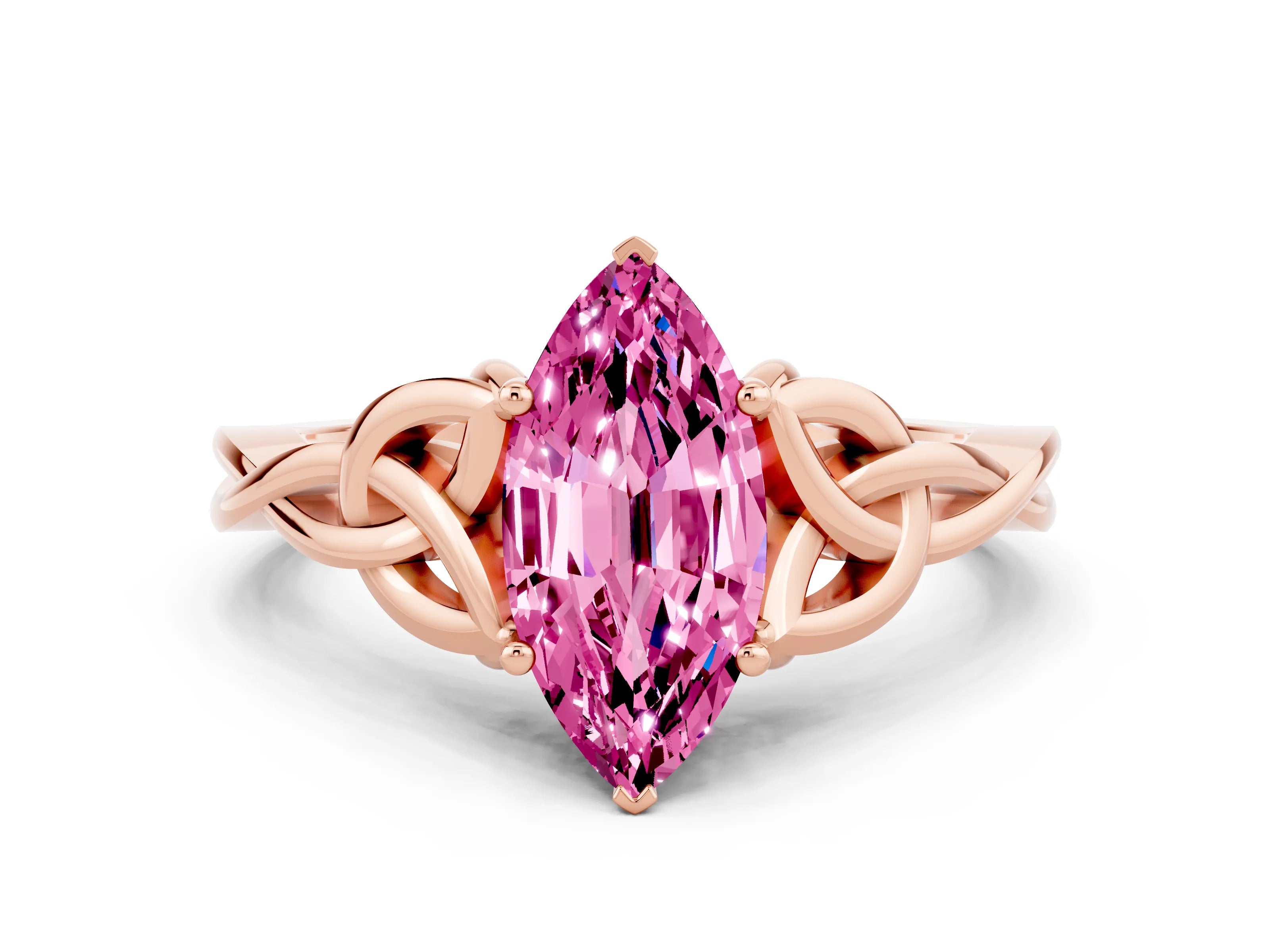 Rose gold Marquise Cut Pink Sapphire Solitaire Celtic Knot Ring with Four-Prong Setting_24