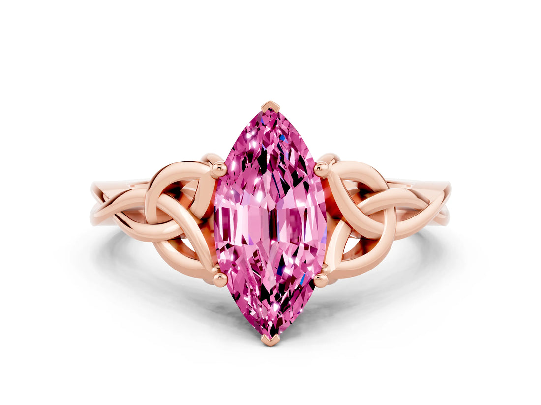 Rose gold Marquise Cut Pink Sapphire Solitaire Celtic Knot Ring with Four-Prong Setting_24